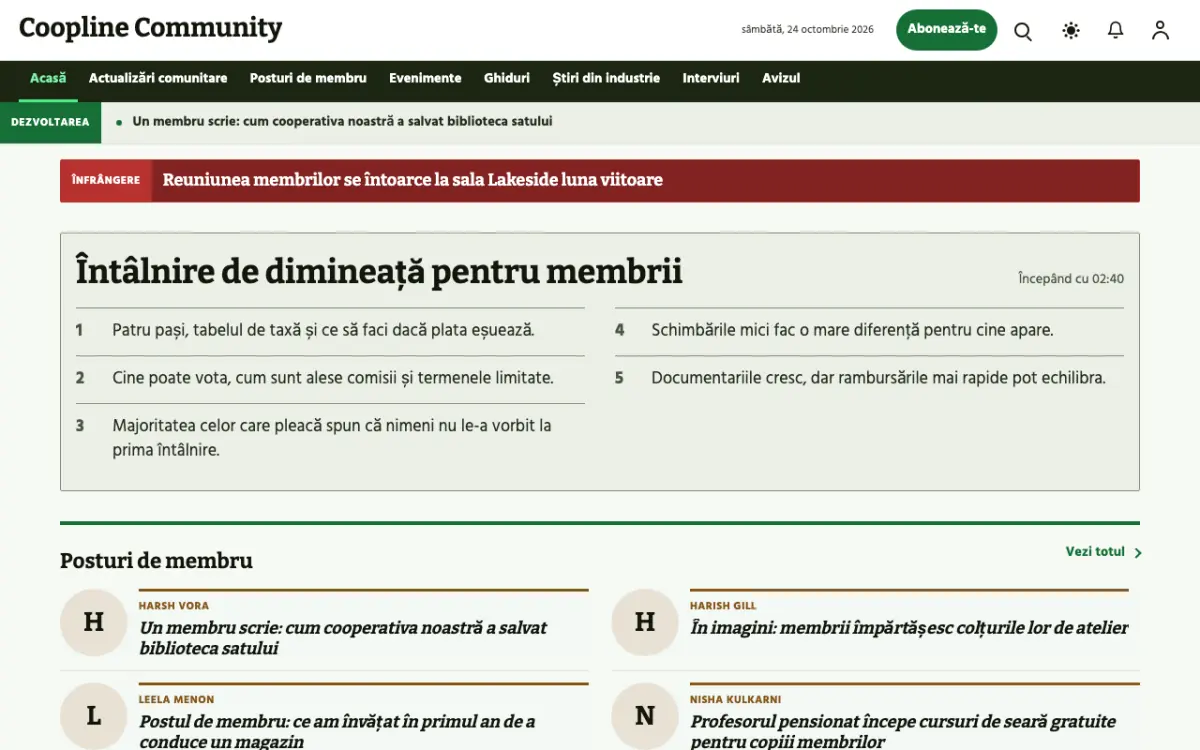 Coopline – șablon de site pentru Știri Comunitate, vedere pe desktop