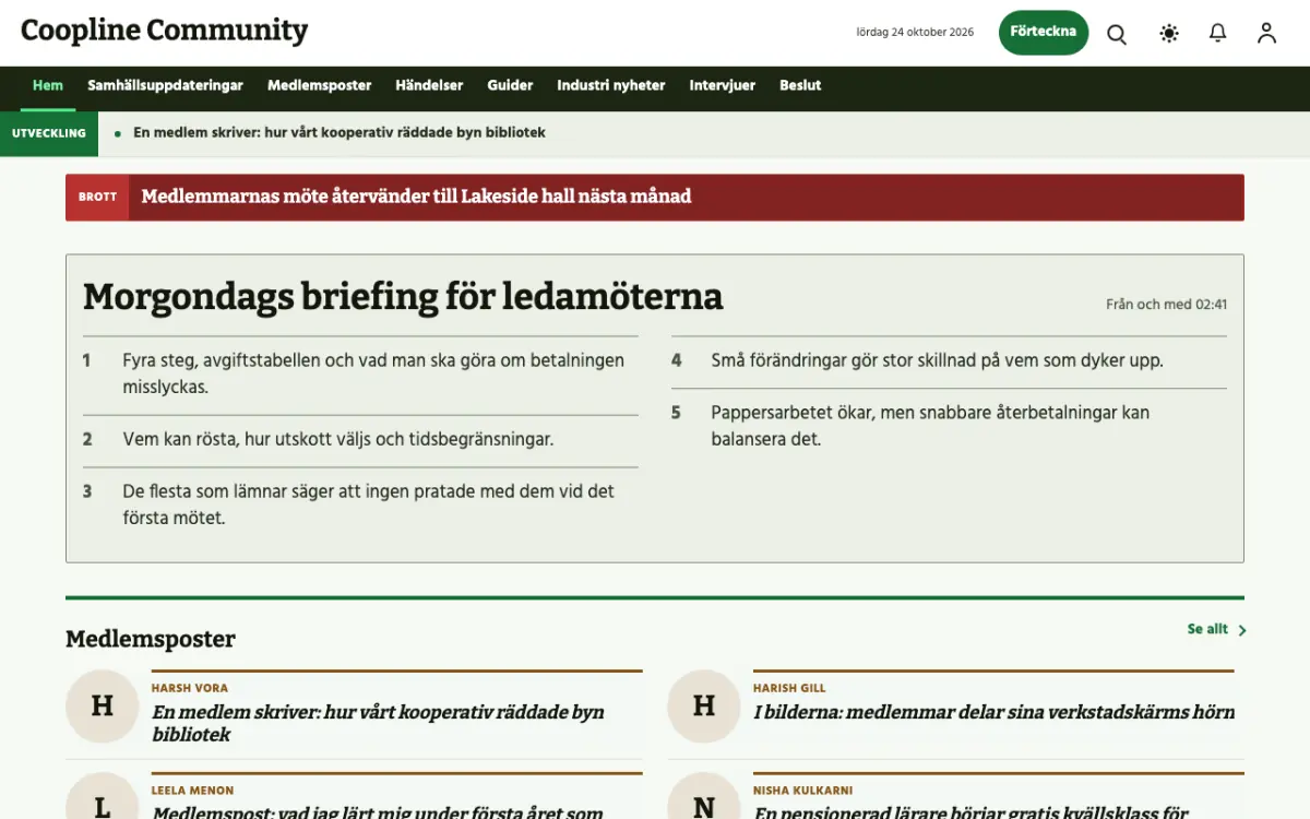 Coopline – webbplatsmall för Gemenskap News, skrivbordsvy