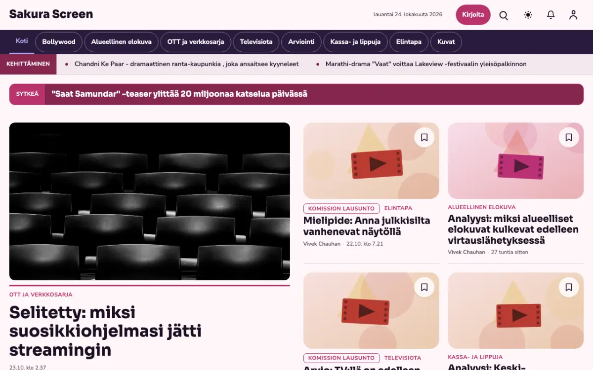 Cherryreel – verkkosivumalli (Viihde News), työpöytänäkymä