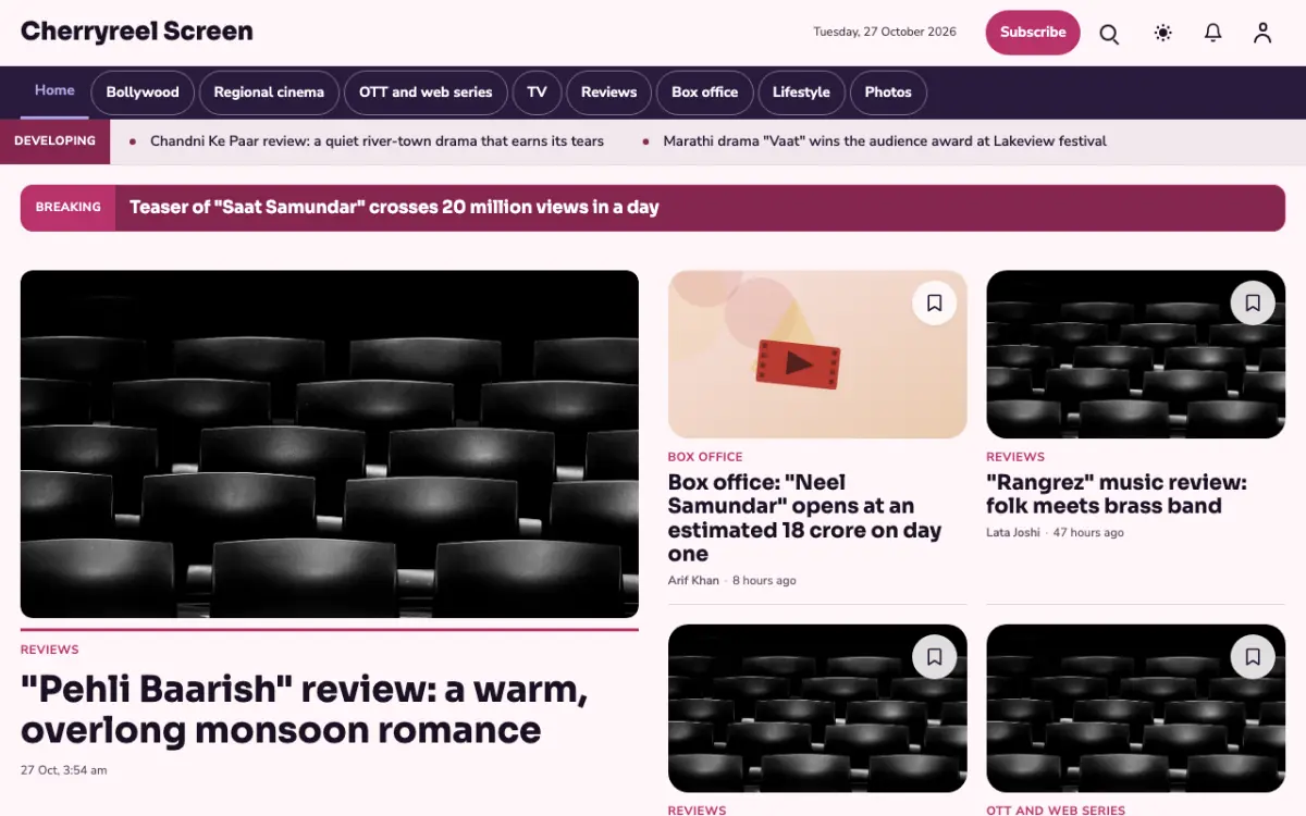 Cherryreel — Entertainment News website template, desktop view