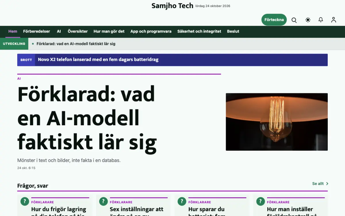 Plainbyte – webbplatsmall för Teknik News, skrivbordsvy