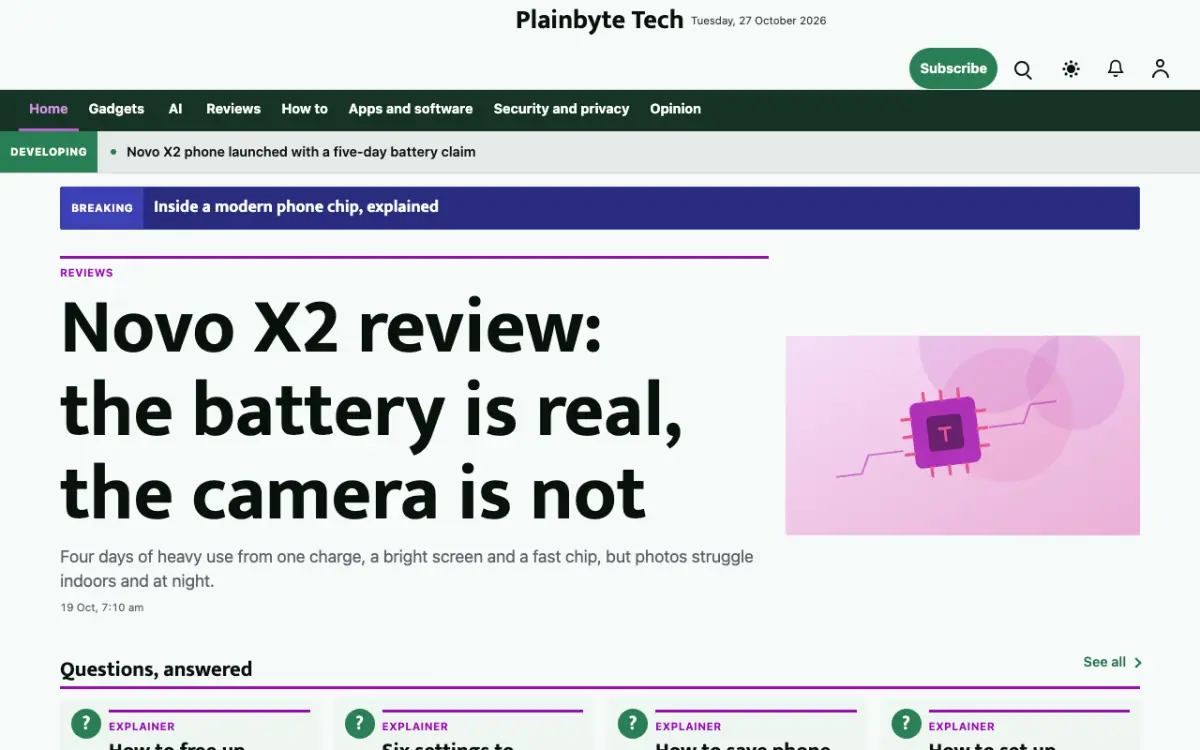 Plainbyte — Technology News website template, desktop view
