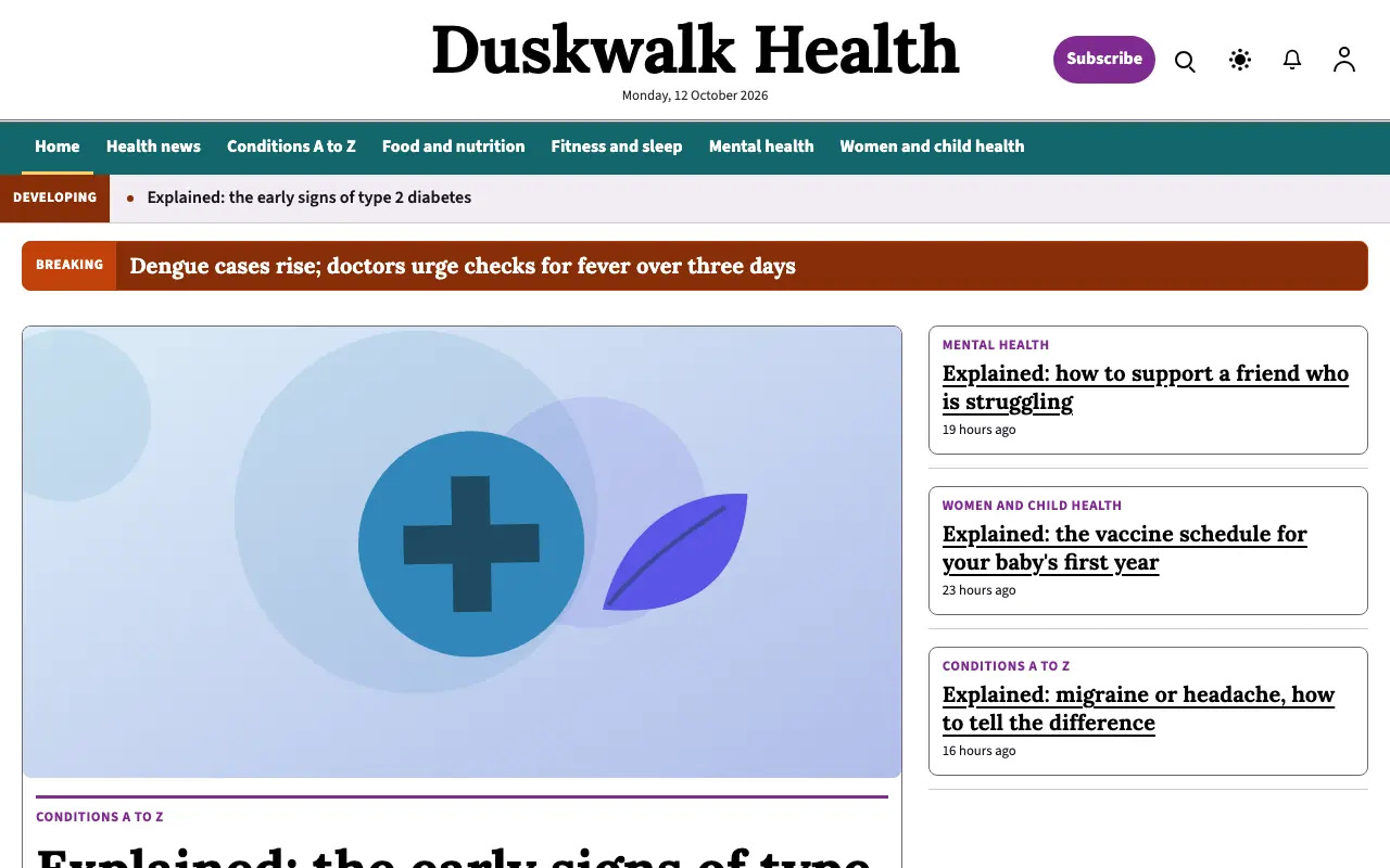 Duskwalk — Health News website template, full desktop view
