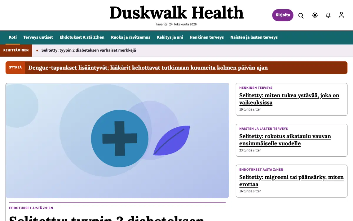 Duskwalk – verkkosivumalli (Terveys News), työpöytänäkymä