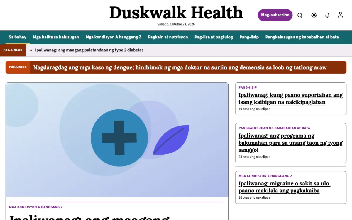 Duskwalk — template ng website na Balitang Kalusugan, tanaw sa desktop