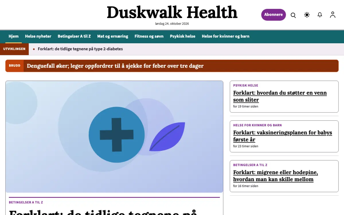 Duskwalk – nettstedmal for Helse News, skrivebordsvisning