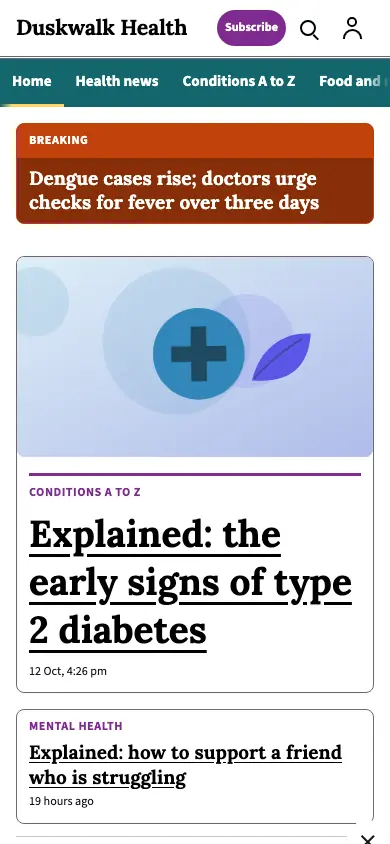 Duskwalk — Health News app, phone view