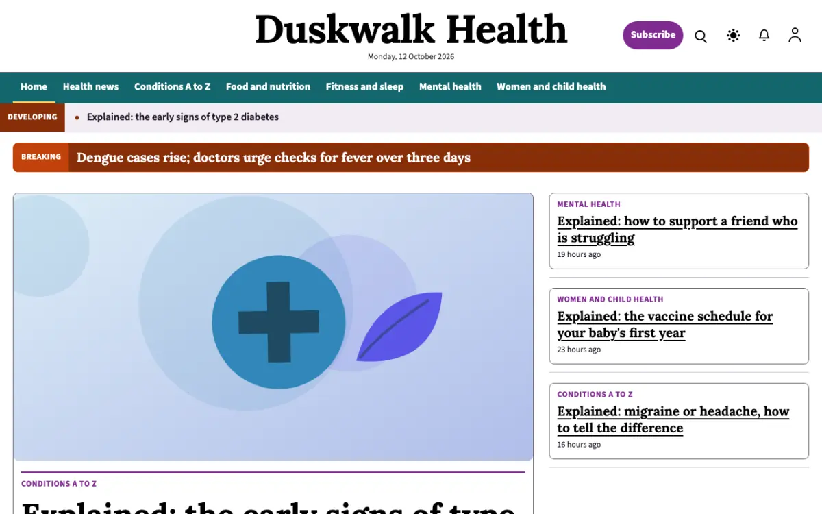 Duskwalk — Health News website template, desktop view