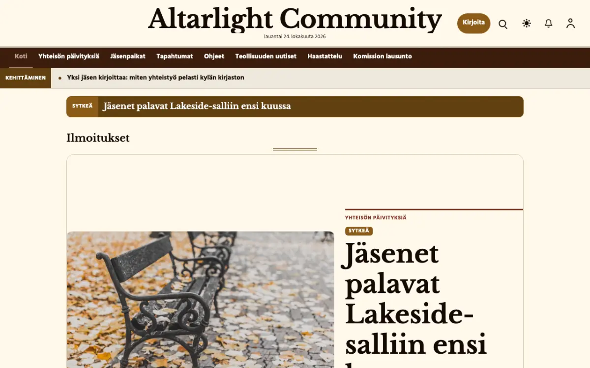Altarlight – verkkosivumalli (Yhteisö News), työpöytänäkymä