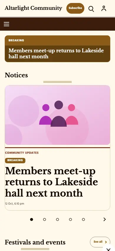 Altarlight — Community News app, phone view