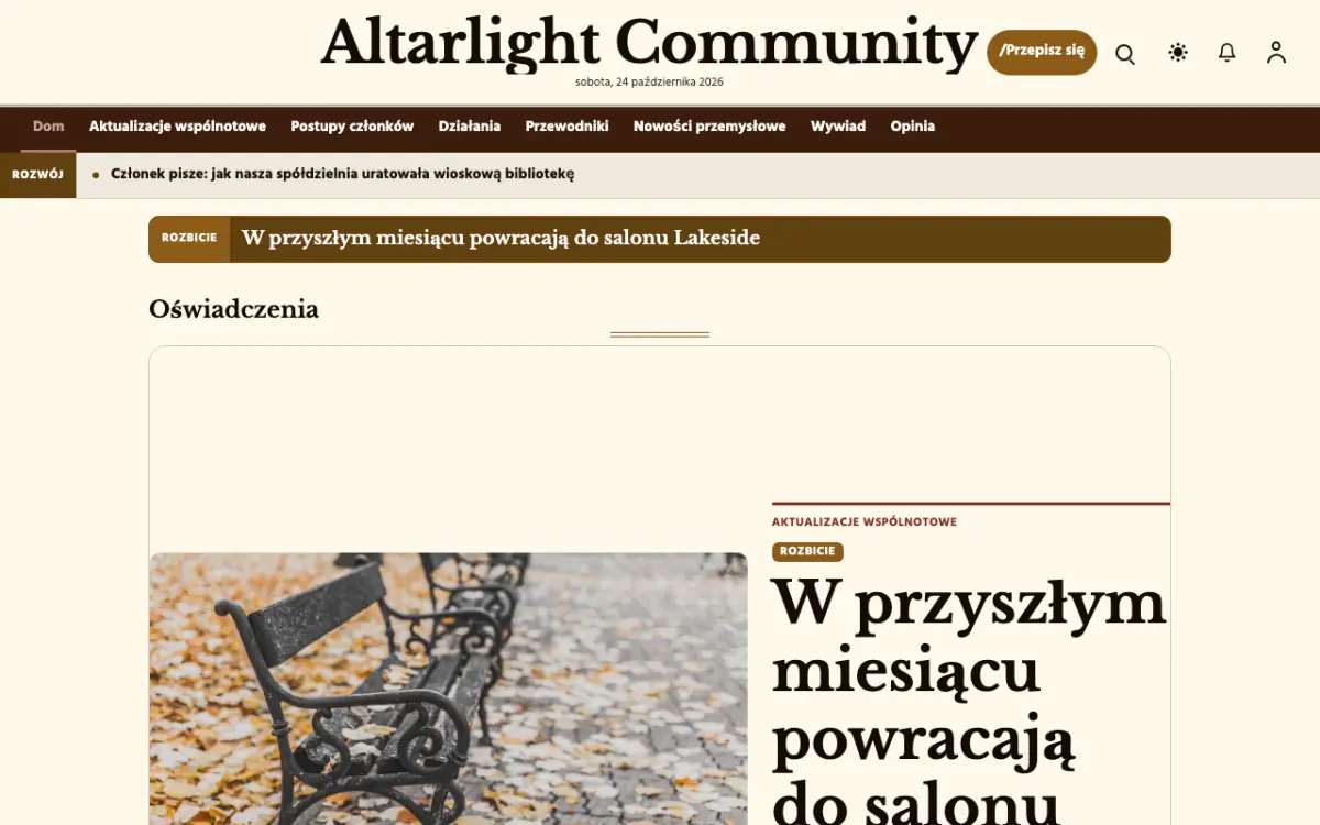 Altarlight – szablon strony (Społeczność: wiadomości), widok na komputerze
