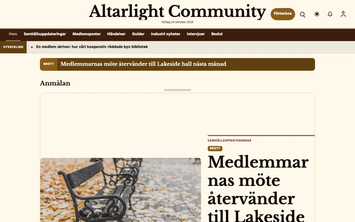 Altarlight – webbplatsmall för Gemenskap News, skrivbordsvy