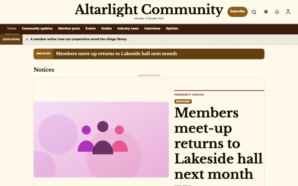 Altarlight — Community News website template, desktop view