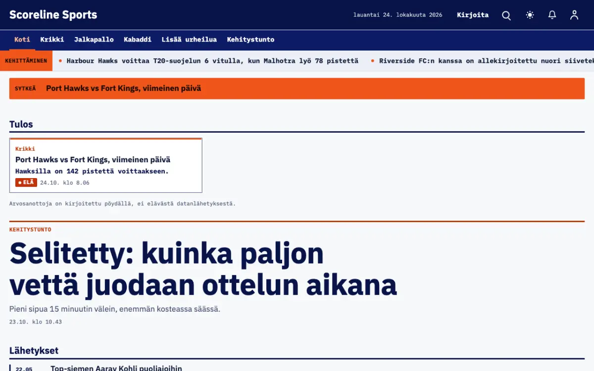 Scoreline – verkkosivumalli (Urheilu News), työpöytänäkymä
