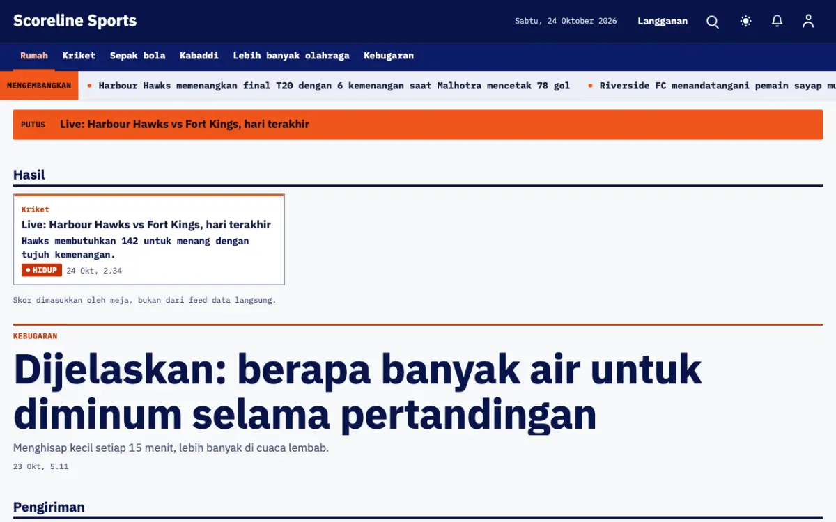 Scoreline — template situs Berita Olahraga, tampilan desktop