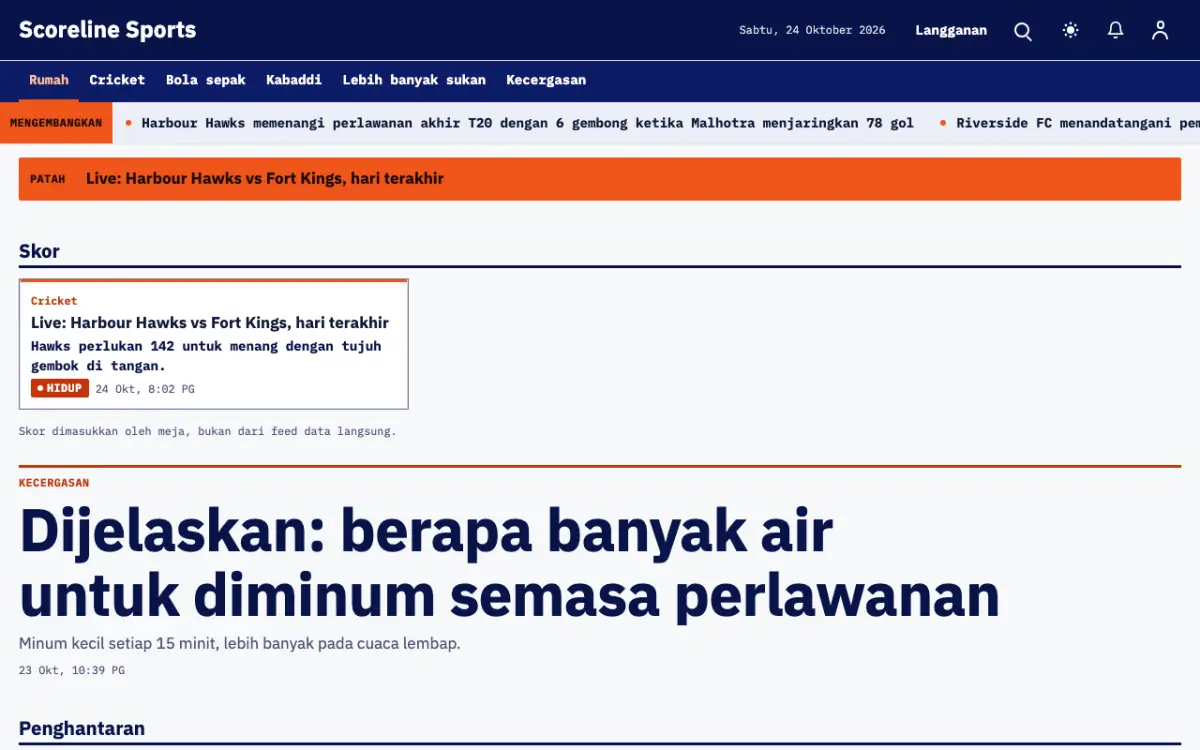 Scoreline — templat laman web Berita Sukan, paparan desktop