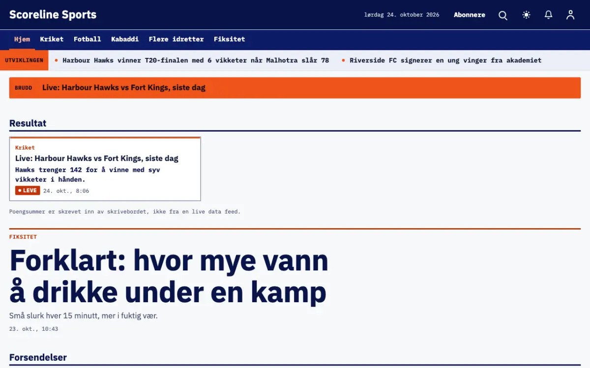 Scoreline – nettstedmal for Sport News, skrivebordsvisning