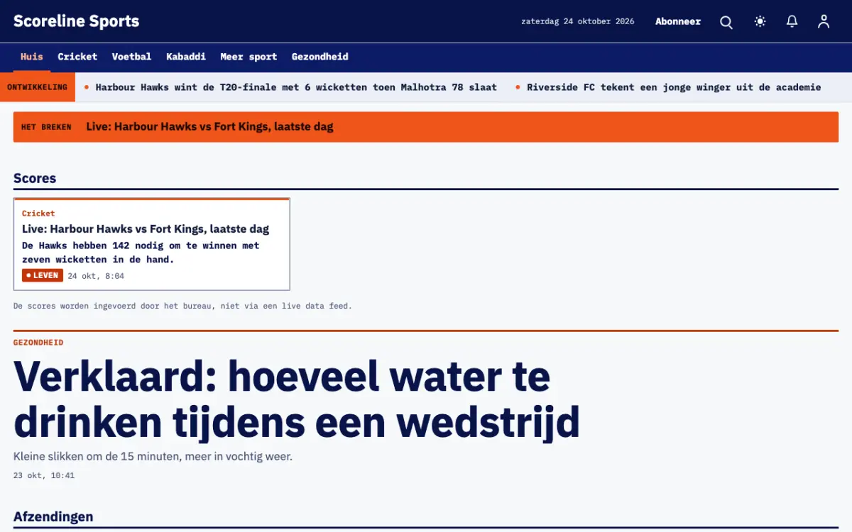 Scoreline – websitetemplate voor Sportnieuws, desktopweergave
