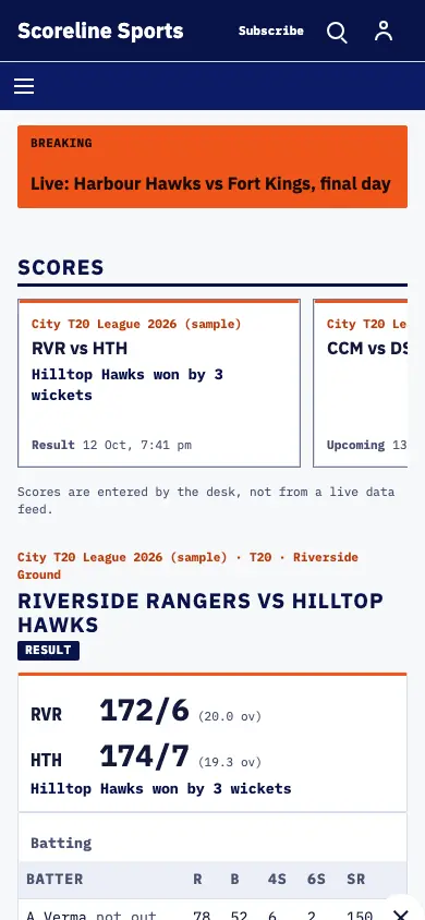 Scoreline — Sports News app, phone view