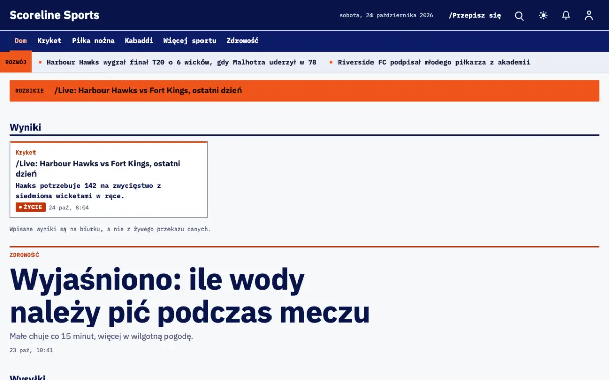 Scoreline – szablon strony (Sport: wiadomości), widok na komputerze