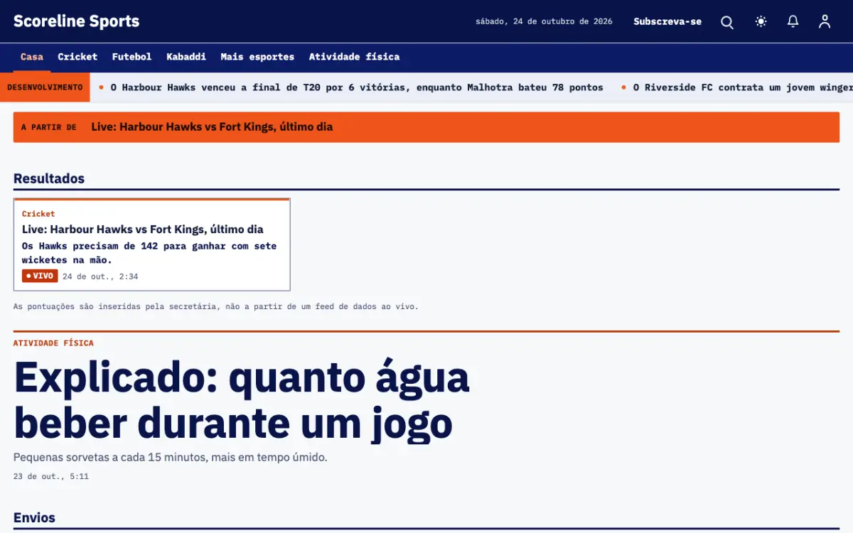 Scoreline — modelo de site de Notícias de Esportes, visualização em desktop