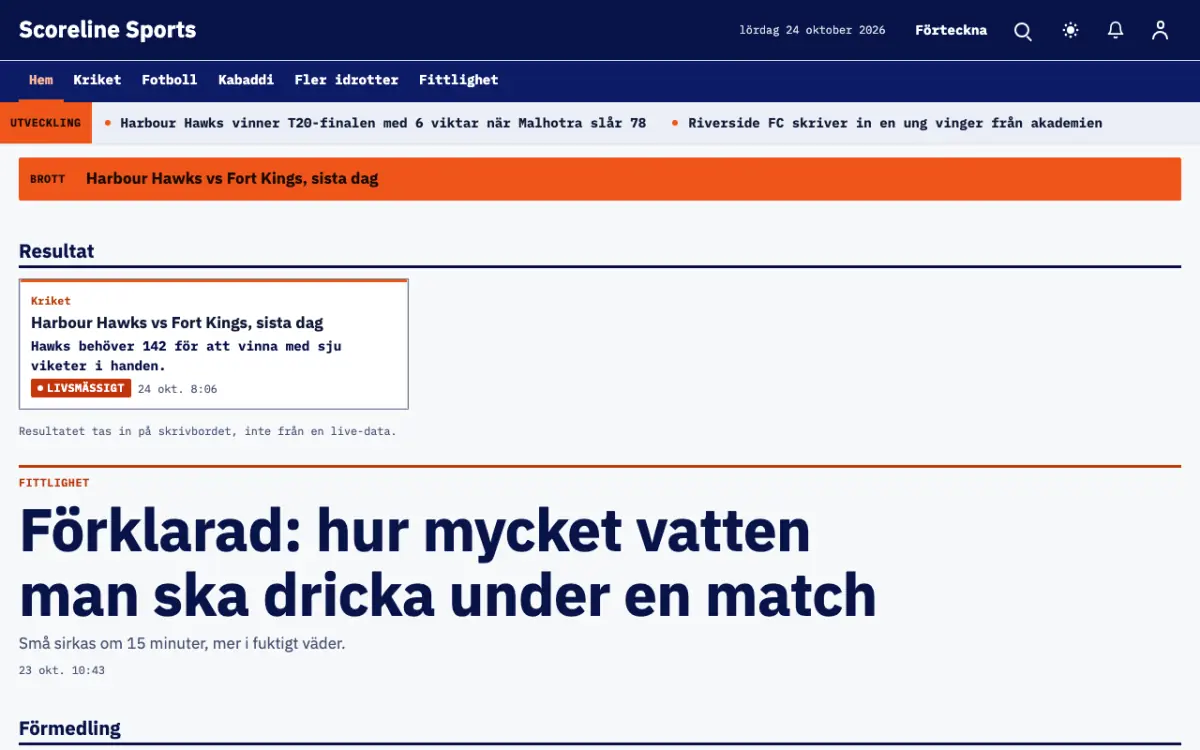 Scoreline – webbplatsmall för Sport News, skrivbordsvy