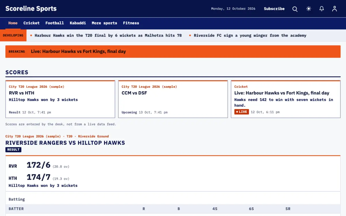 Scoreline — Sports News website template, desktop view