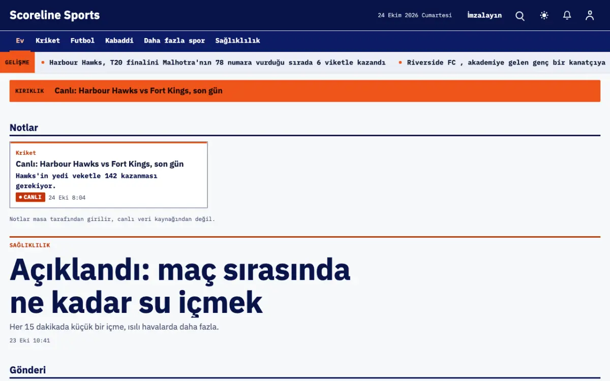 Scoreline — Spor Haberleri web sitesi şablonu, masaüstü görünümü