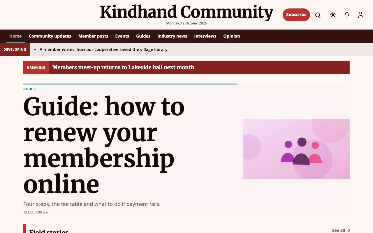 Kindhand — Community News website template, full desktop view