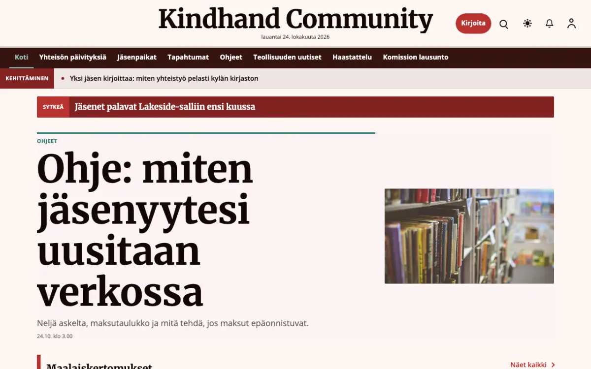 Kindhand – verkkosivumalli (Yhteisö News), työpöytänäkymä