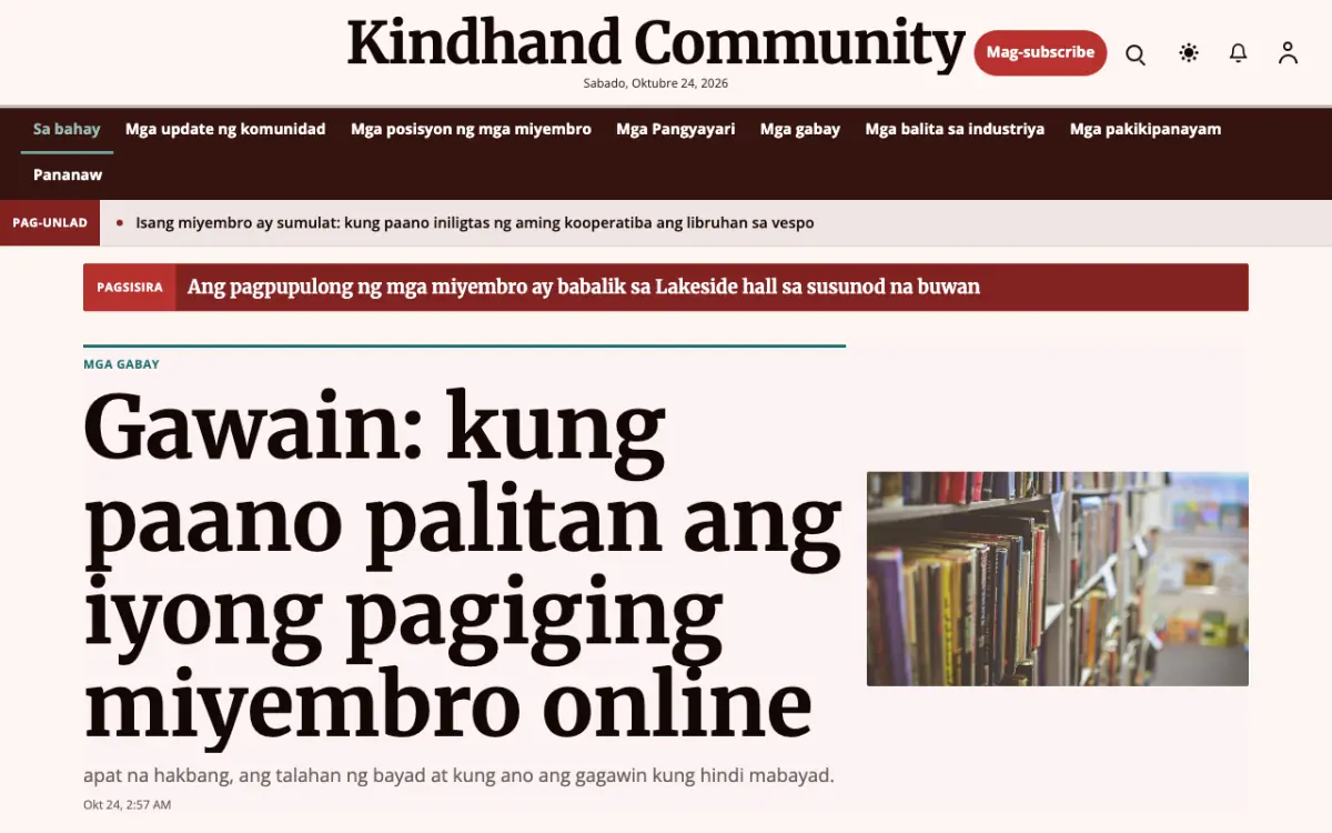 Kindhand — template ng website na Balitang Komunidad, tanaw sa desktop