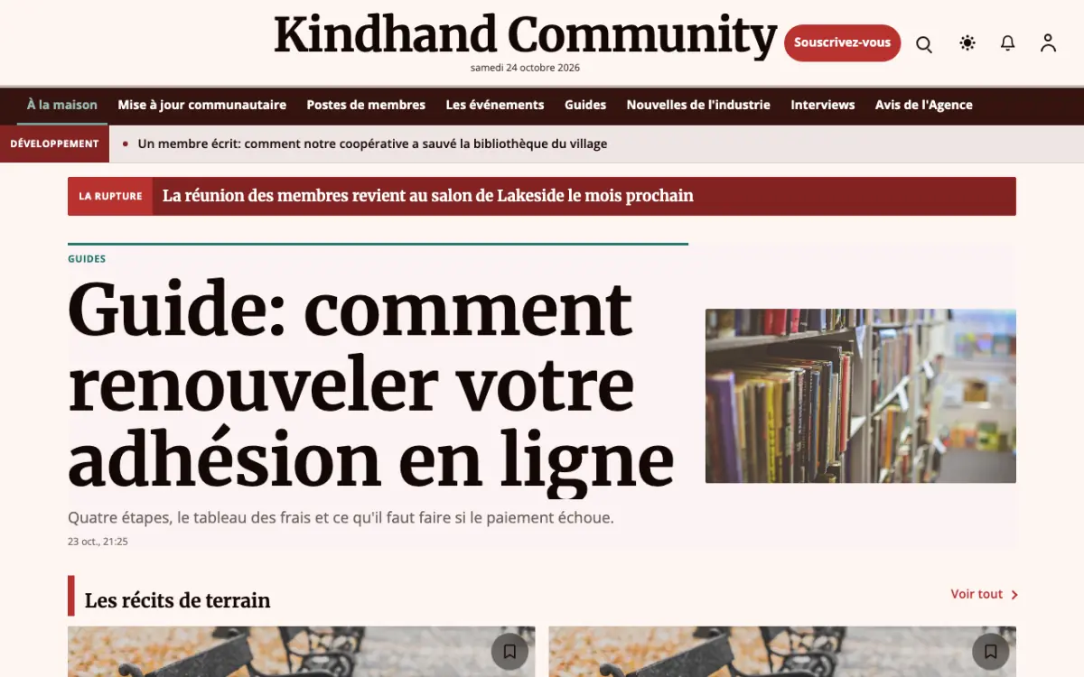 Kindhand — modèle de site web Actualités Communauté, vue sur ordinateur