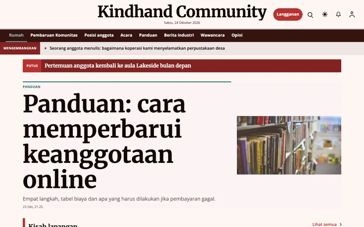 Kindhand — template situs Berita Komunitas, tampilan desktop