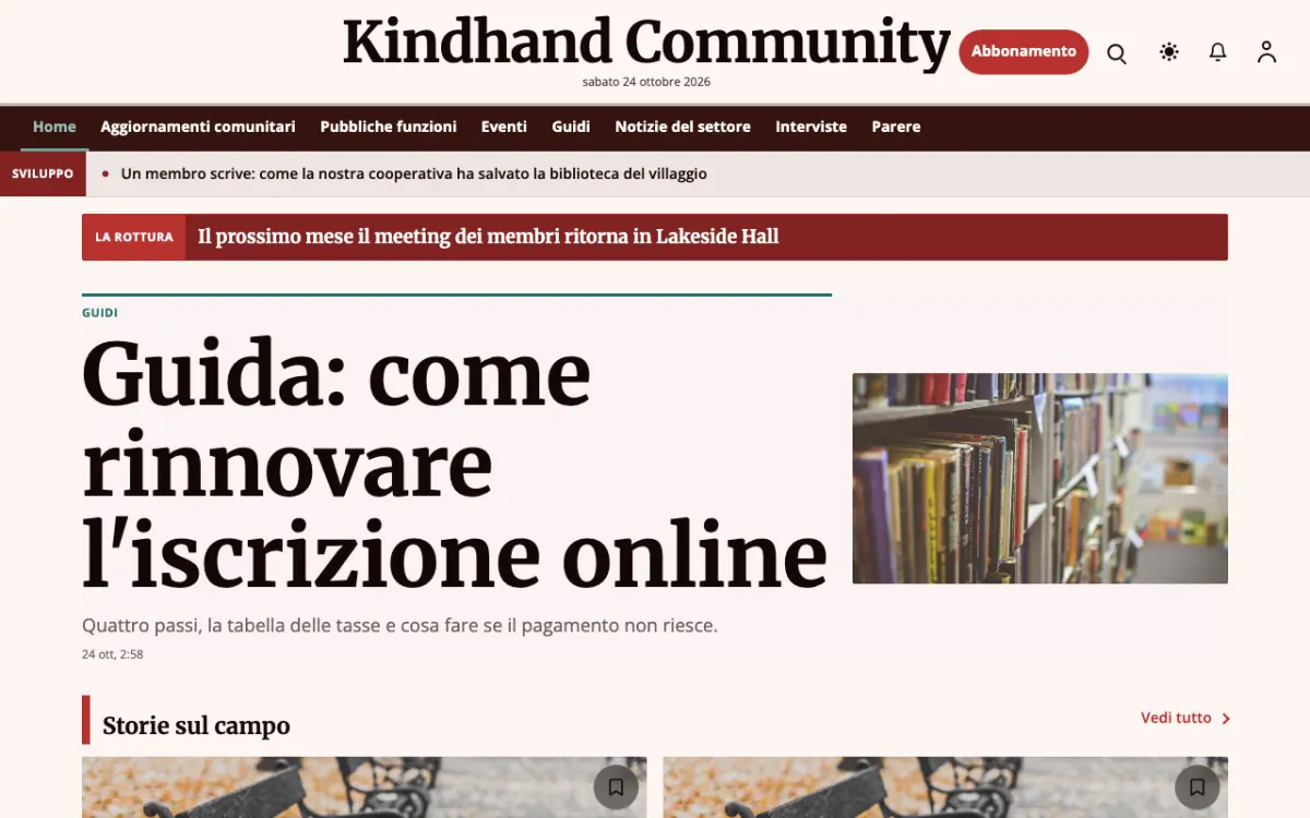 Kindhand – template di sito per News Comunità, vista desktop