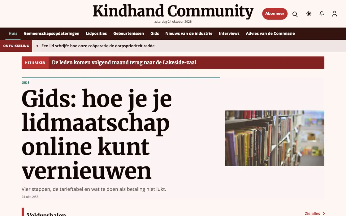 Kindhand – websitetemplate voor Communitynieuws, desktopweergave