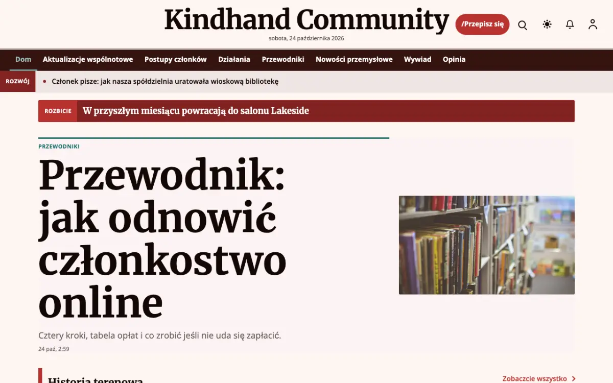 Kindhand – szablon strony (Społeczność: wiadomości), widok na komputerze