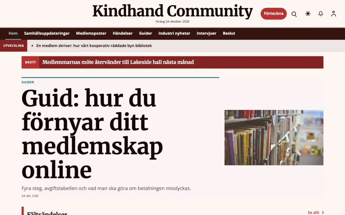 Kindhand – webbplatsmall för Gemenskap News, skrivbordsvy