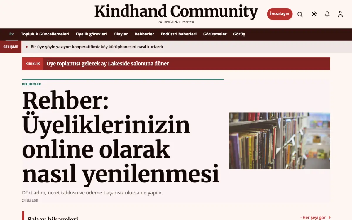 Kindhand — Topluluk Haberleri web sitesi şablonu, masaüstü görünümü