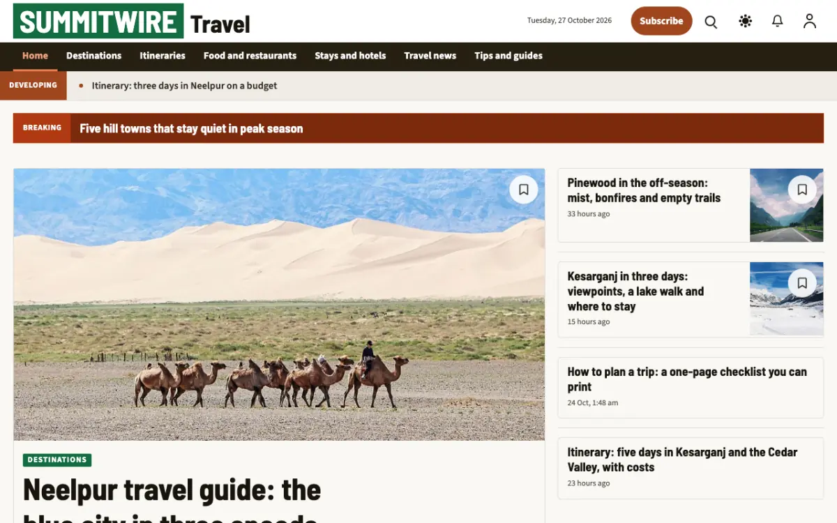 Summitwire — Travel News website template, desktop view