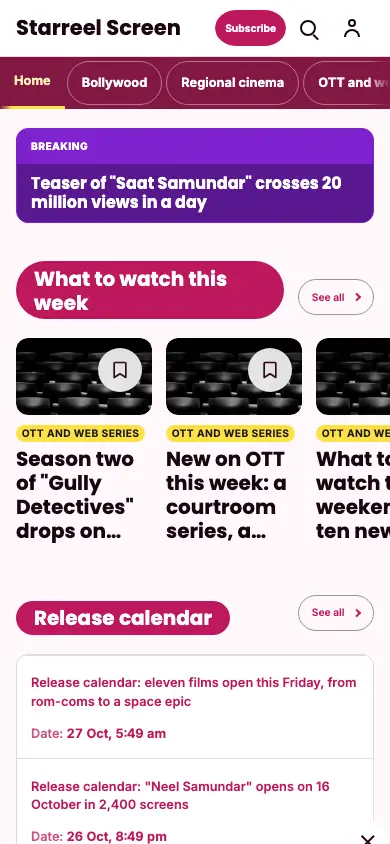 Starreel — Entertainment News app, phone view