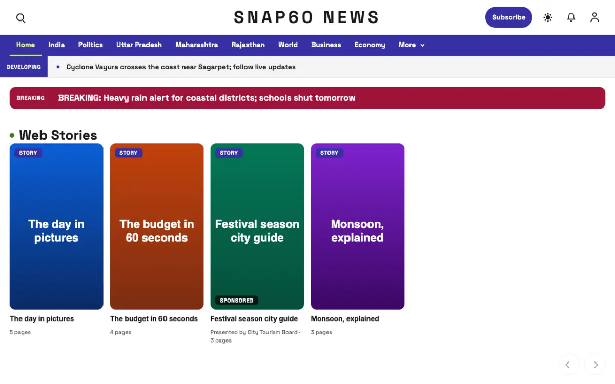 Snap60 — General News website template, desktop view