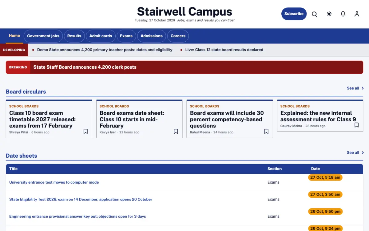 Stairwell — Education News website template, desktop view