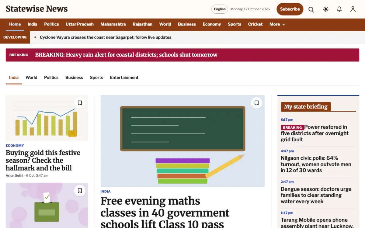 Statewise — General News website template, desktop view