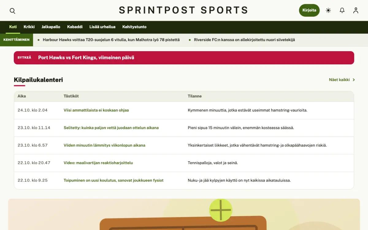 Sprintpost – verkkosivumalli (Urheilu News), työpöytänäkymä