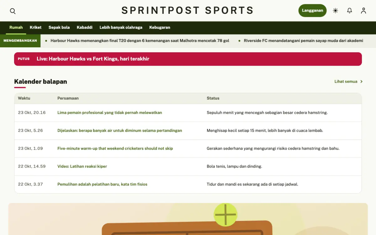 Sprintpost — template situs Berita Olahraga, tampilan desktop