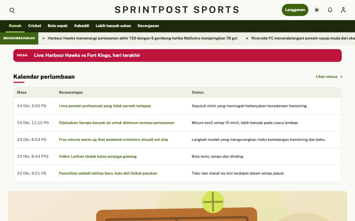 Sprintpost — templat laman web Berita Sukan, paparan desktop
