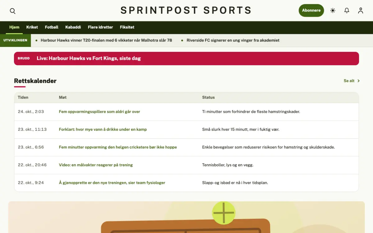 Sprintpost – nettstedmal for Sport News, skrivebordsvisning