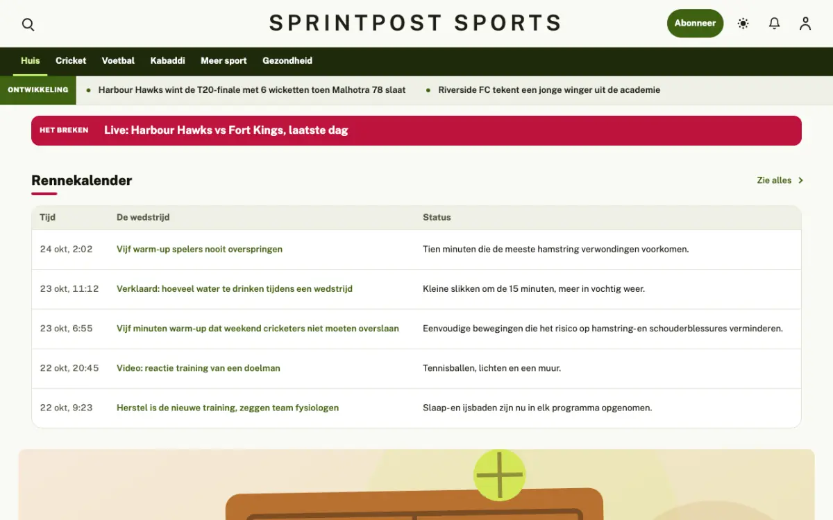 Sprintpost – websitetemplate voor Sportnieuws, desktopweergave