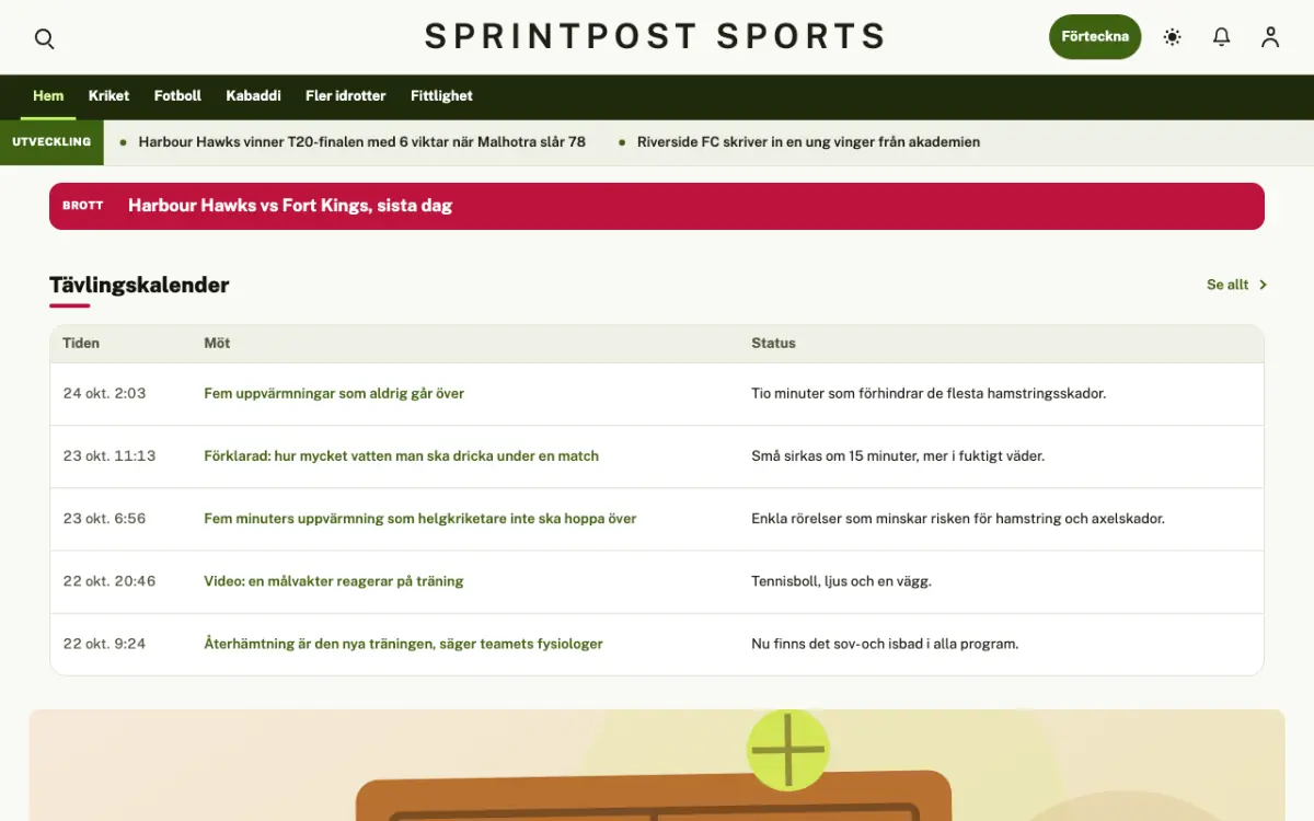 Sprintpost – webbplatsmall för Sport News, skrivbordsvy