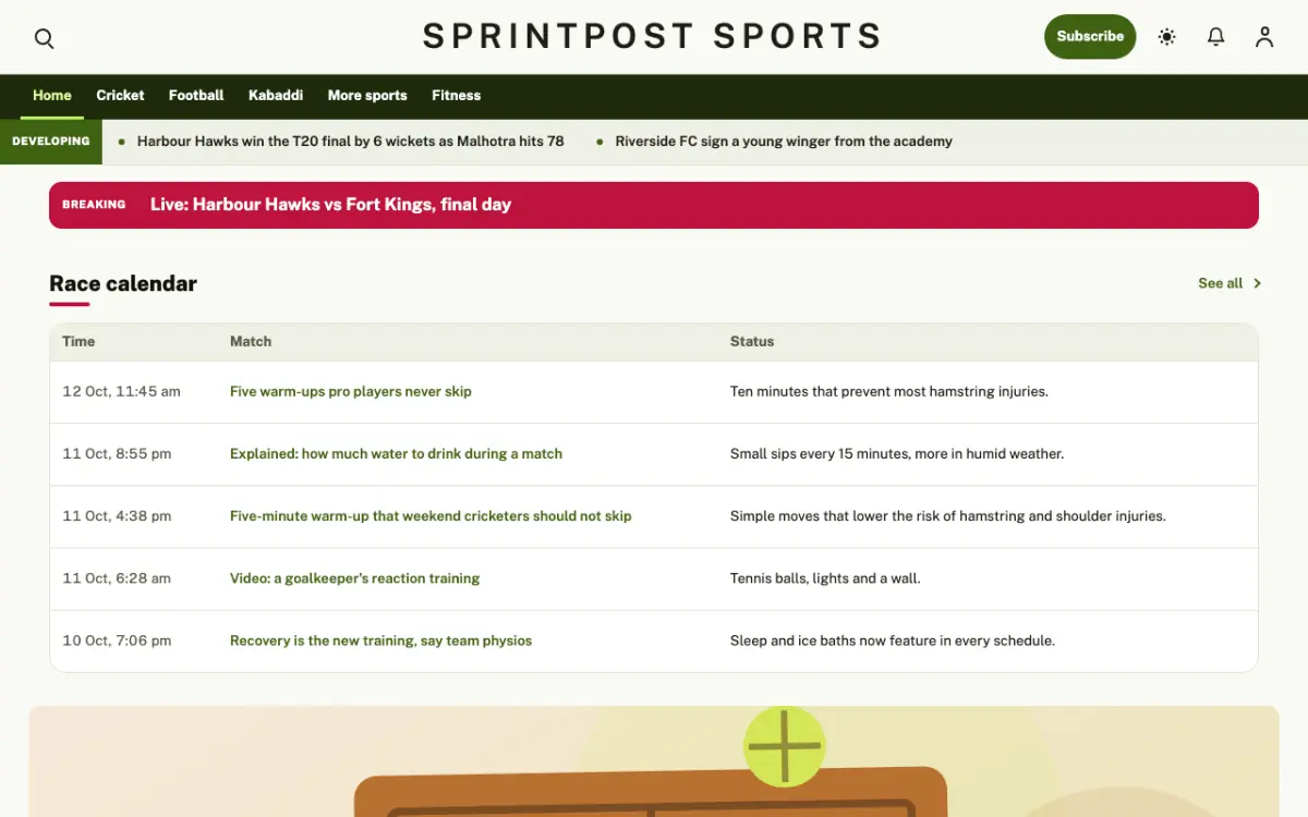 Sprintpost — Sports News website template, desktop view